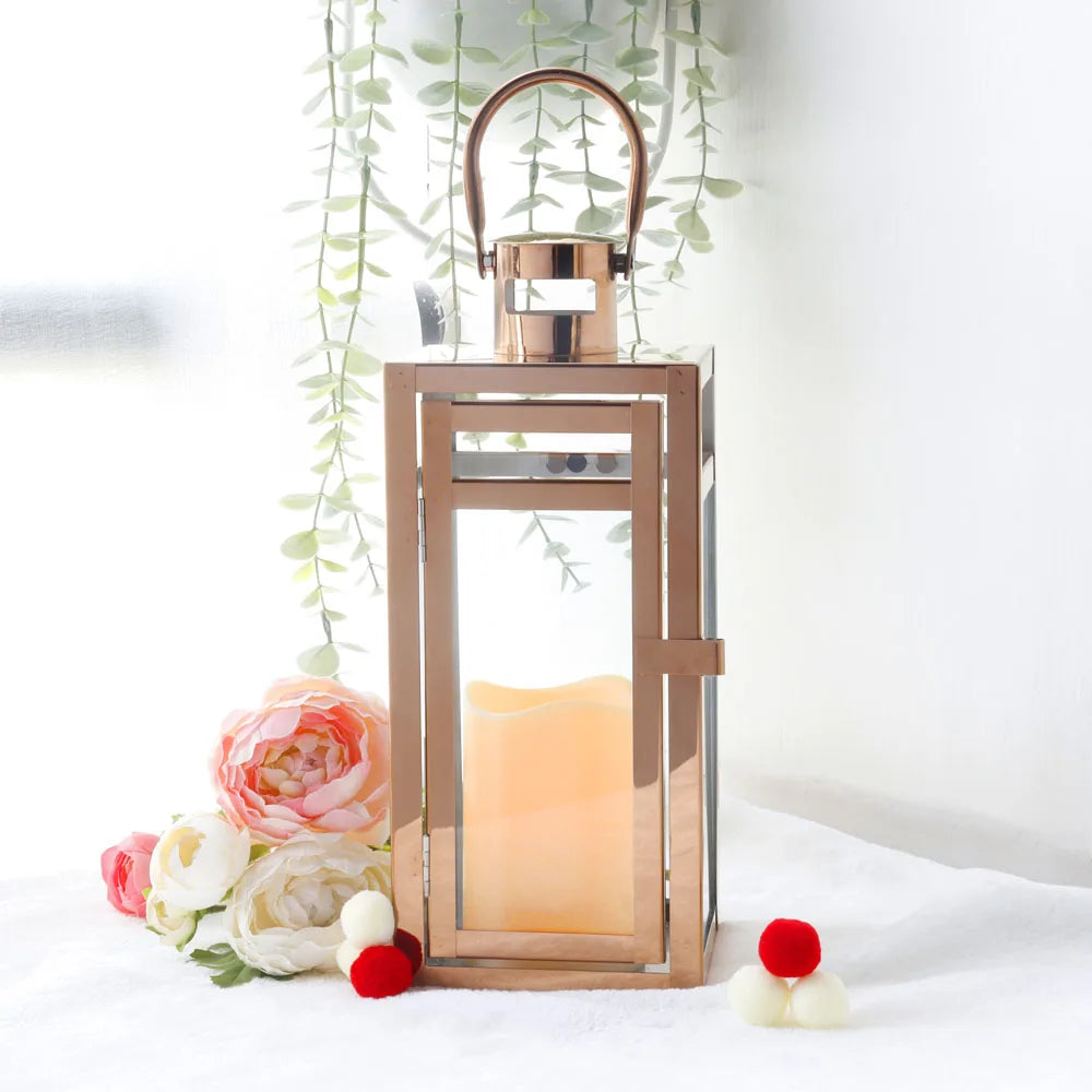 Stainless Steel Candle Holder Lanterns Rose Gold Hanging Lantern Candlestick Light for Indoor Outdoor Weddings Party Home Decor