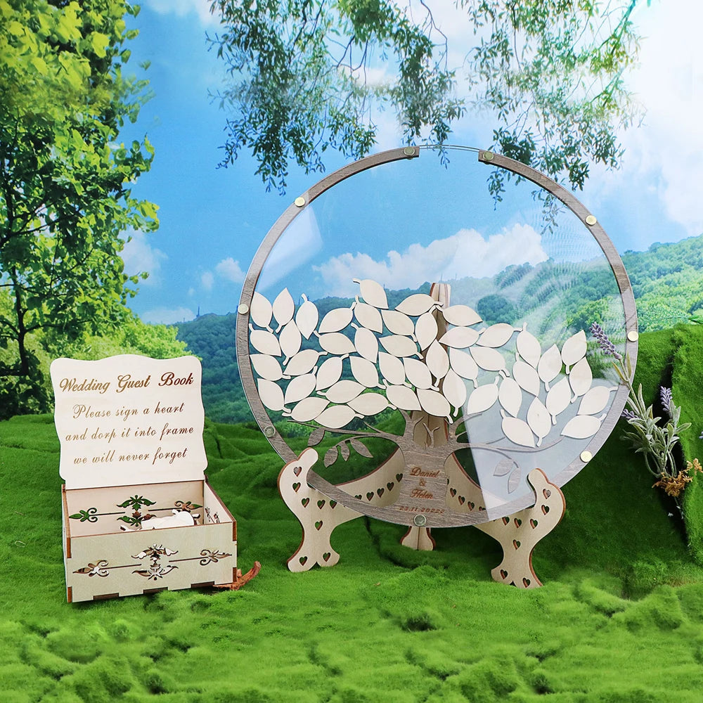 Personalized Drop Round Wedding Guest Book Tree with Box and 80Pcs Leafs,Tree with Leaves Wedding Guest Book Alternative