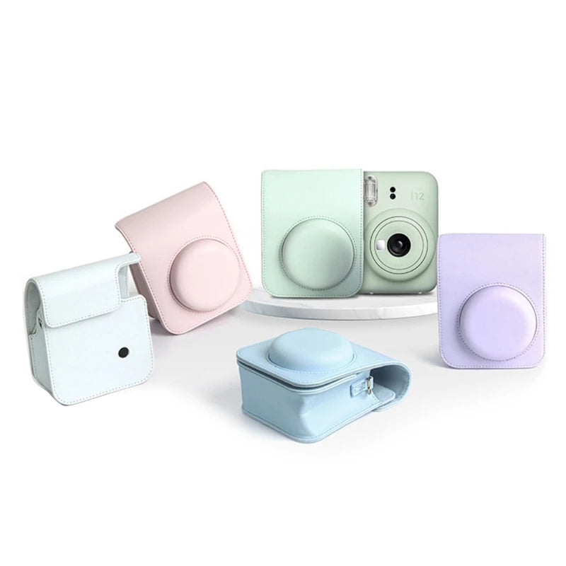 For Instax Mini 12 Camera Case PU Leather Soft Silicone Cover Bag for Fujifilm Polaroid Film Camera Bag w/Shoulder Strap