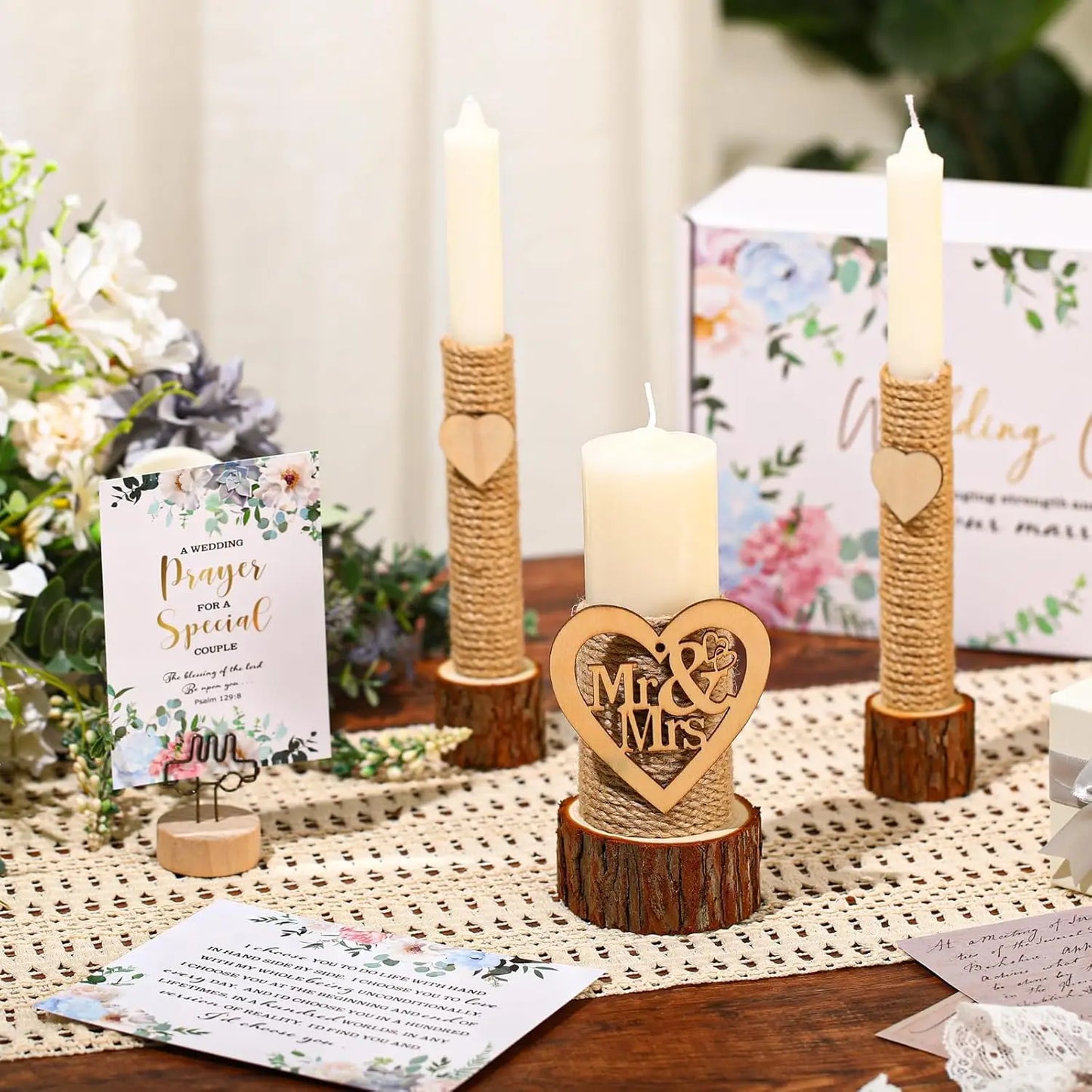 Wedding Ceremony Gift Set with Rustic Unity Candles, Mr and Mrs, Wedding Candles, Marriage Cards for Events Decor