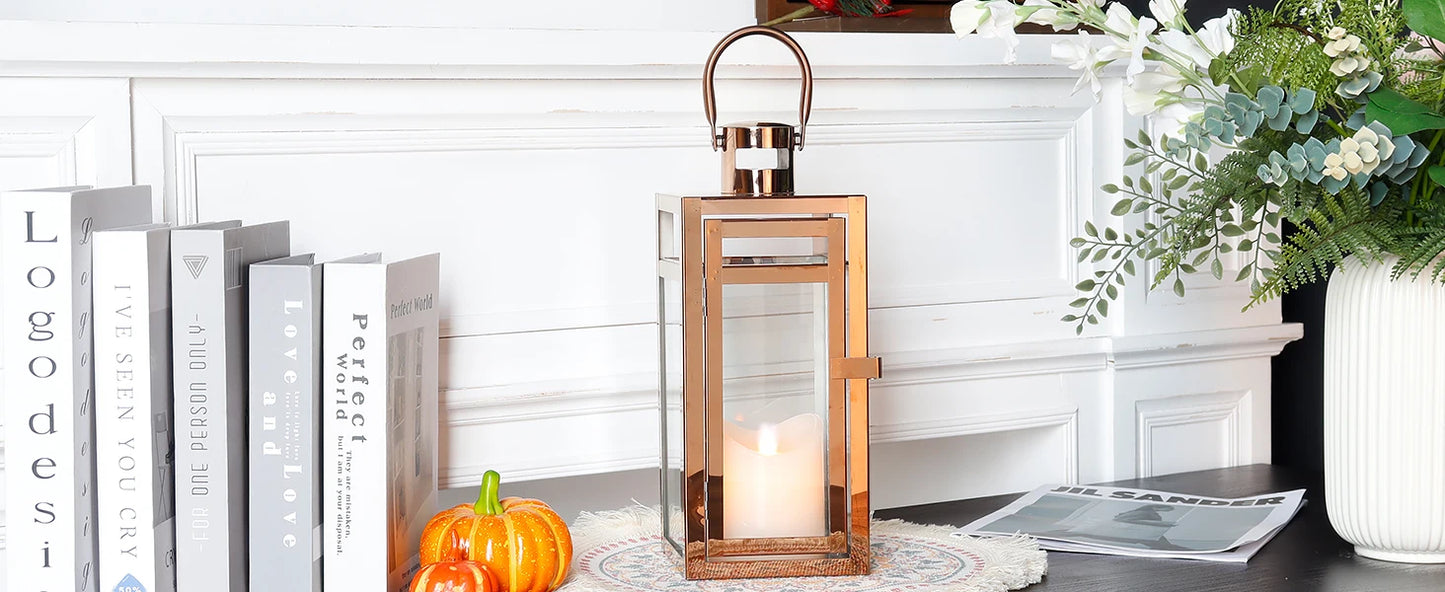 Stainless Steel Candle Holder Lanterns Rose Gold Hanging Lantern Candlestick Light for Indoor Outdoor Weddings Party Home Decor