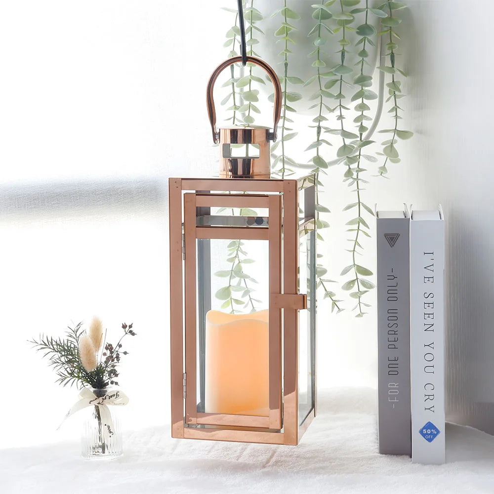 Stainless Steel Candle Holder Lanterns Rose Gold Hanging Lantern Candlestick Light for Indoor Outdoor Weddings Party Home Decor