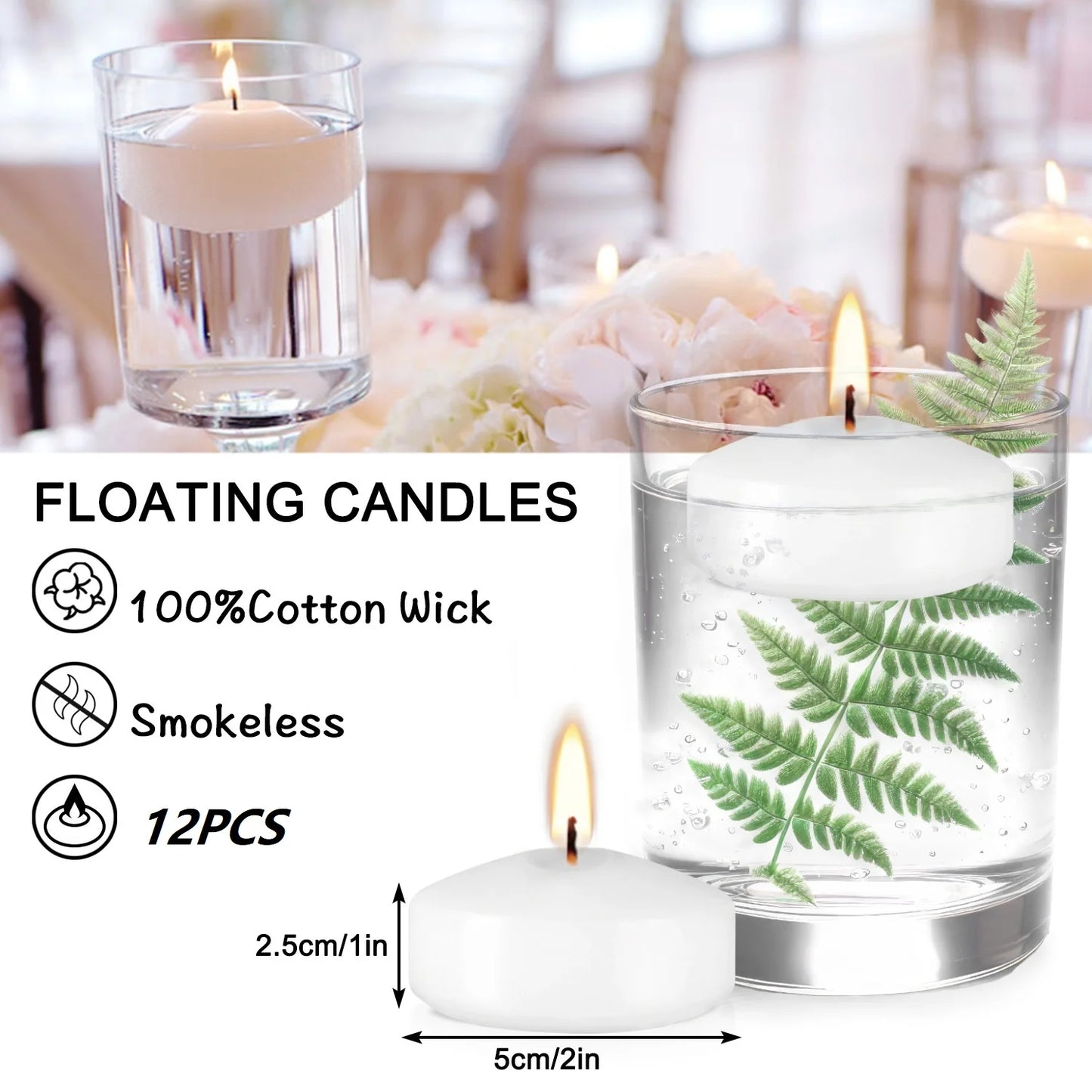 12 2inch white floating candles 5-6 hours burning time, floating candle, romantic night, portable small candle set for travel, yoga, bath, spa, family, wedding, party, seasonal celebration and home decor- ideal for Thanksgivi