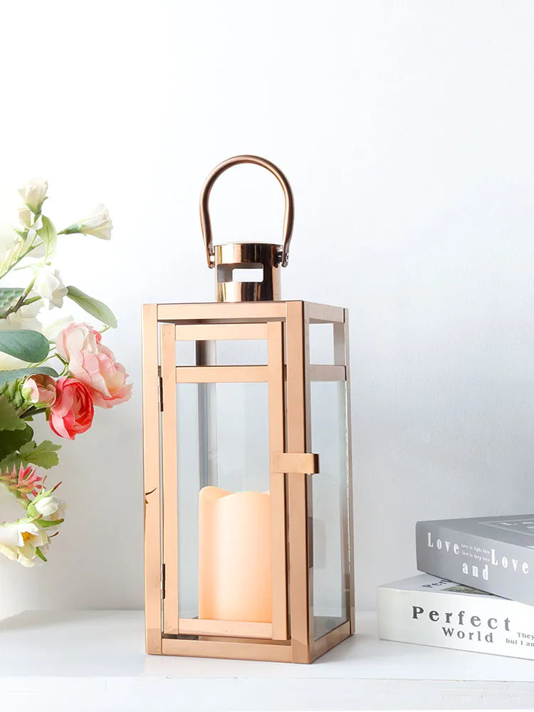 Stainless Steel Candle Holder Lanterns Rose Gold Hanging Lantern Candlestick Light for Indoor Outdoor Weddings Party Home Decor