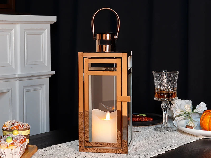 Stainless Steel Candle Holder Lanterns Rose Gold Hanging Lantern Candlestick Light for Indoor Outdoor Weddings Party Home Decor