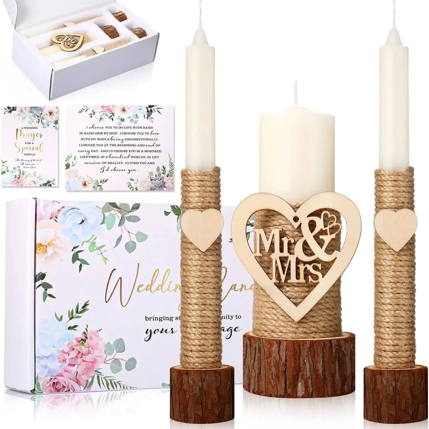 Wedding Ceremony Gift Set with Rustic Unity Candles, Mr and Mrs, Wedding Candles, Marriage Cards for Events Decor