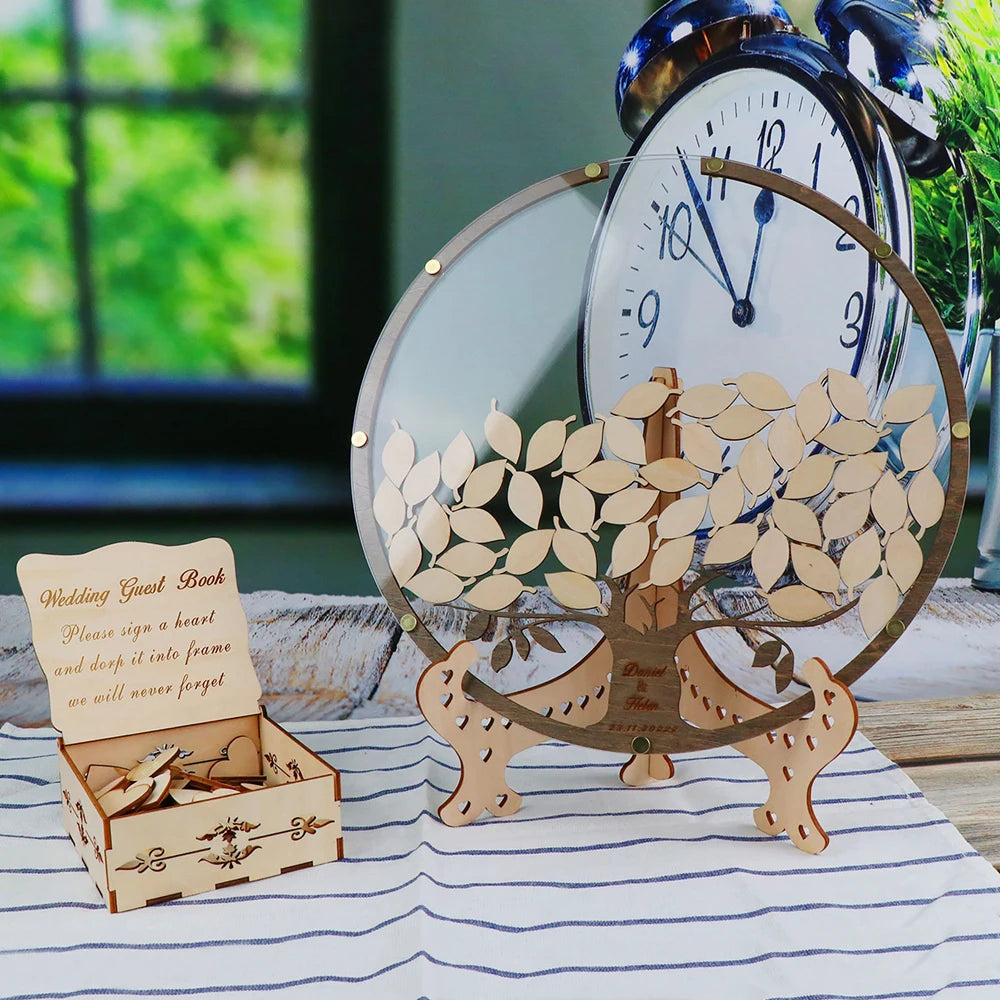 Personalized Drop Round Wedding Guest Book Tree with Box and 80Pcs Leafs,Tree with Leaves Wedding Guest Book Alternative