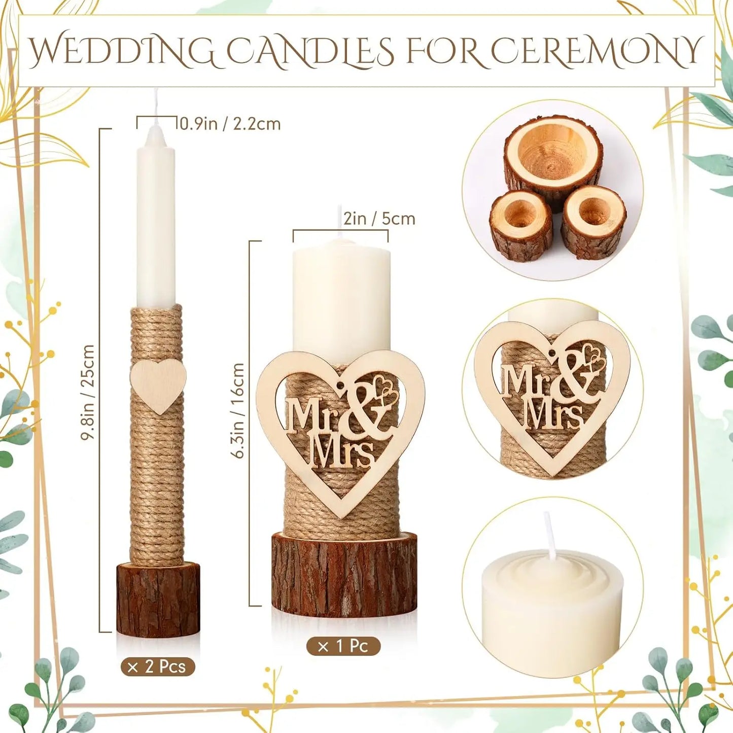 Wedding Ceremony Gift Set with Rustic Unity Candles, Mr and Mrs, Wedding Candles, Marriage Cards for Events Decor
