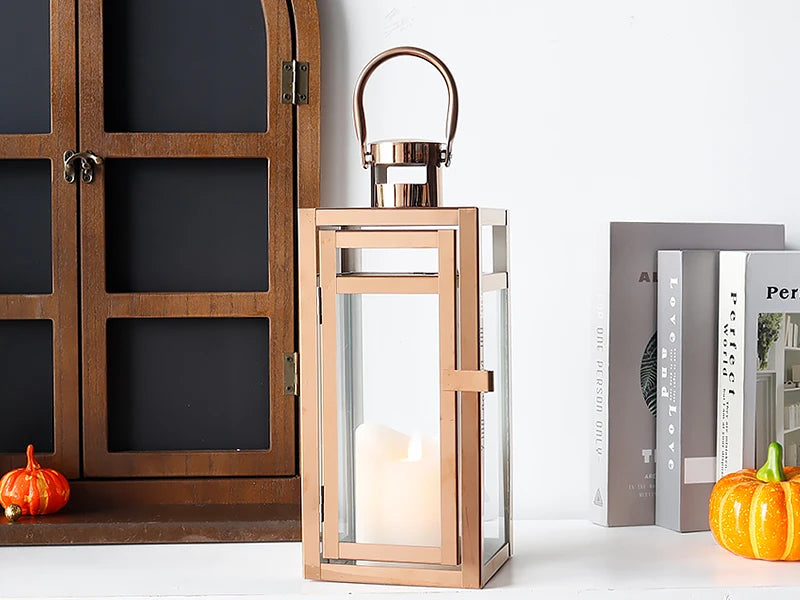 Stainless Steel Candle Holder Lanterns Rose Gold Hanging Lantern Candlestick Light for Indoor Outdoor Weddings Party Home Decor