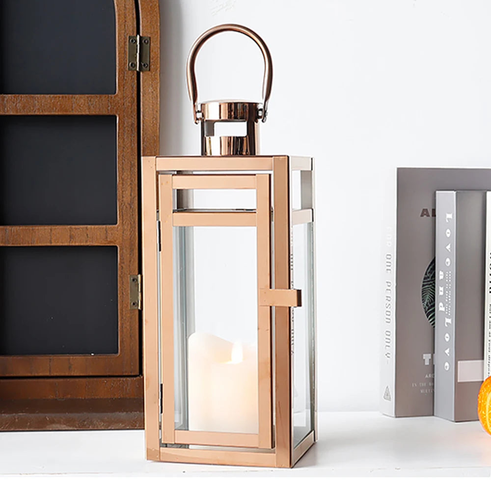 Stainless Steel Candle Holder Lanterns Rose Gold Hanging Lantern Candlestick Light for Indoor Outdoor Weddings Party Home Decor