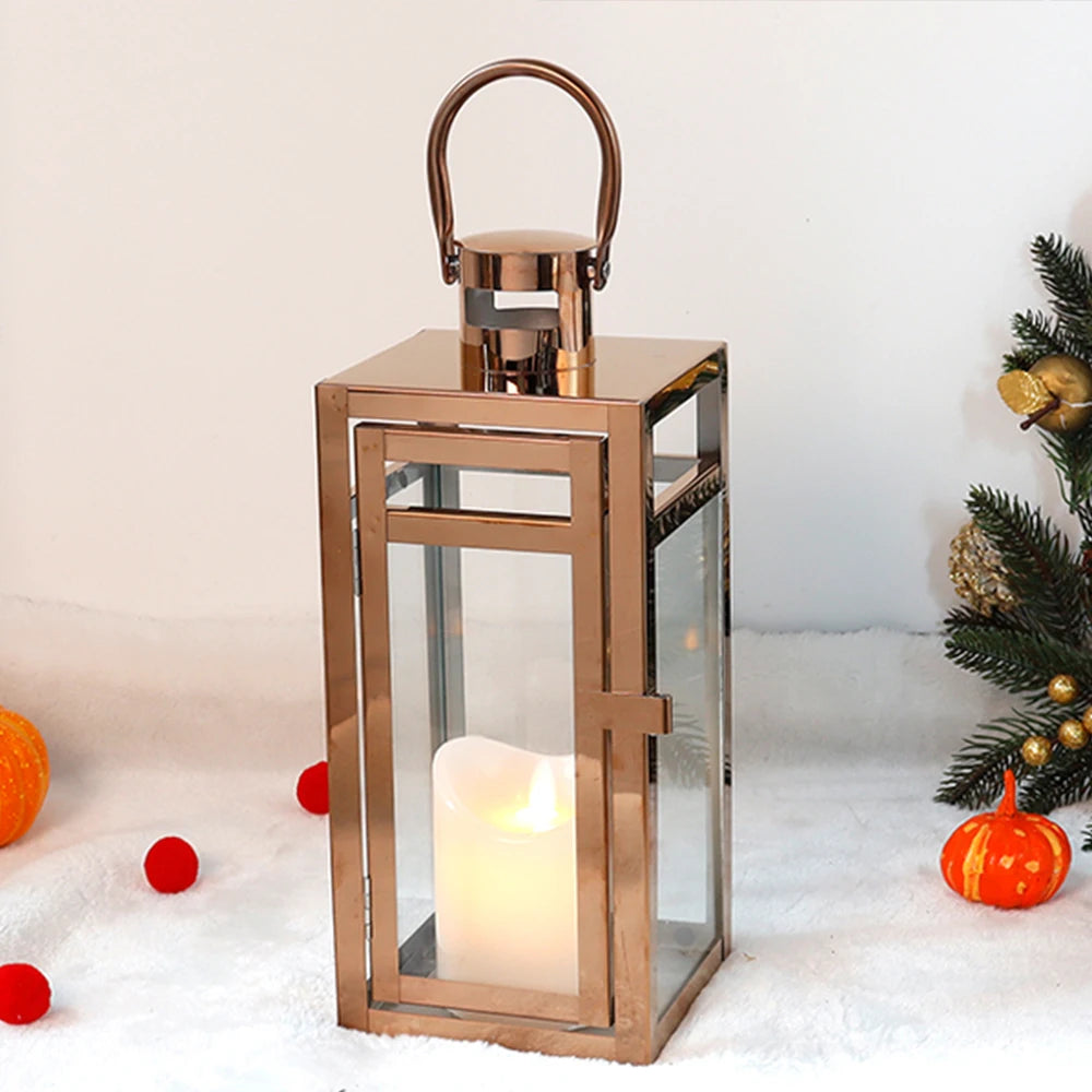 Stainless Steel Candle Holder Lanterns Rose Gold Hanging Lantern Candlestick Light for Indoor Outdoor Weddings Party Home Decor