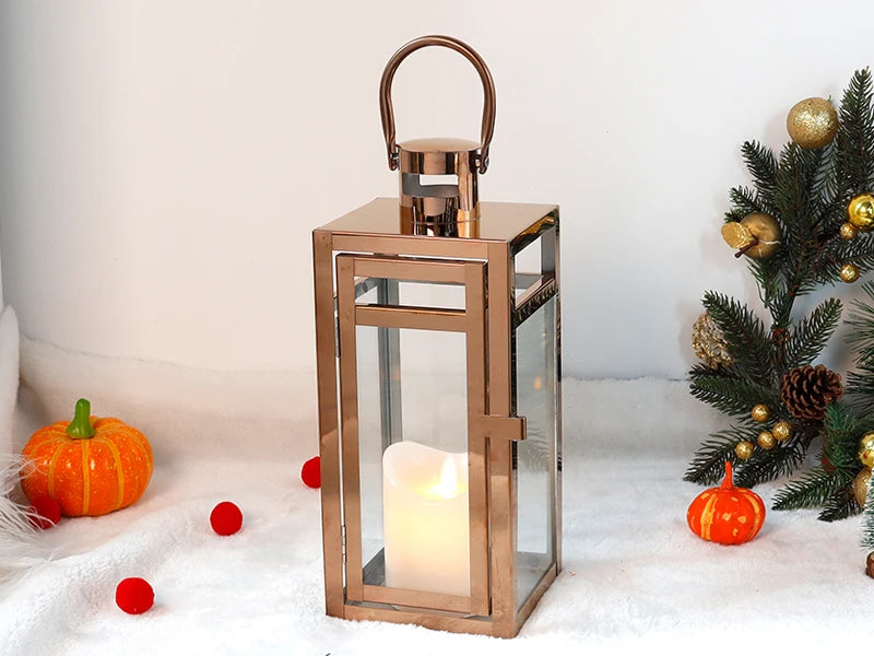 Stainless Steel Candle Holder Lanterns Rose Gold Hanging Lantern Candlestick Light for Indoor Outdoor Weddings Party Home Decor