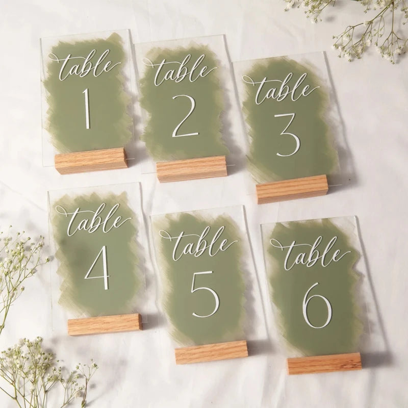 Hand Painted Back Acrylic Table Numbers Wedding Signs Table Numbers Sign Sage Acrylic with Bases Calligraphy Plexiglass Sign