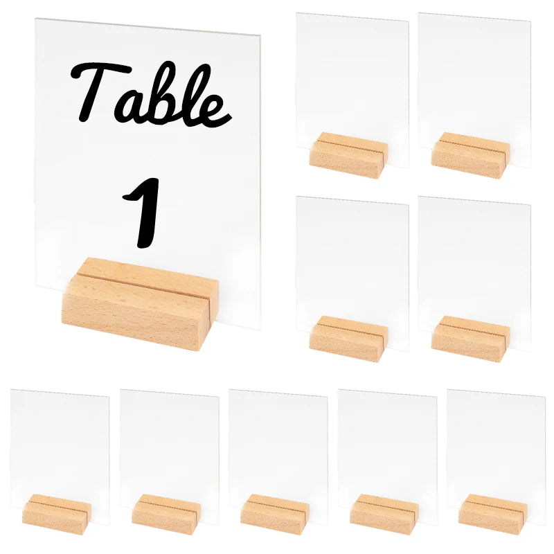 10pcs Acrylic Wedding Table Number Sign DIY Blank Clear Display Stand with Wooden Base Place Card for Wedding Party Table Decor