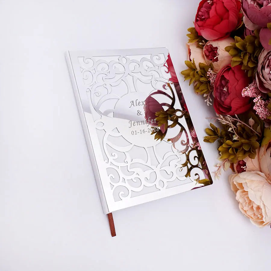 26x19cm Personalized Vertical Style Engrave Bride & Groom Name Wedding Book Acrylic Mirror Cover Hollow Out Design Guestbook