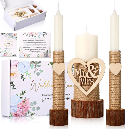 Wedding Ceremony Gift Set with Rustic Unity Candles, Mr and Mrs, Wedding Candles, Marriage Cards for Events Decor