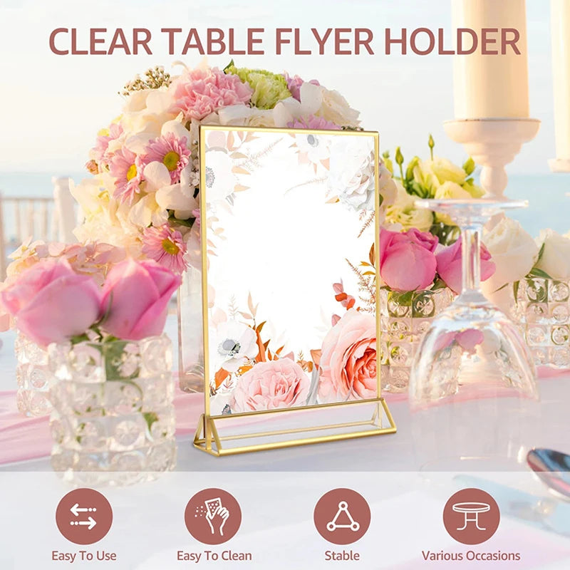 Acrylic Sign Holder Gold Frames Clear Wedding Table Number Stand Menu Recipe Cards Holders Picture Frame Photo Display Rack