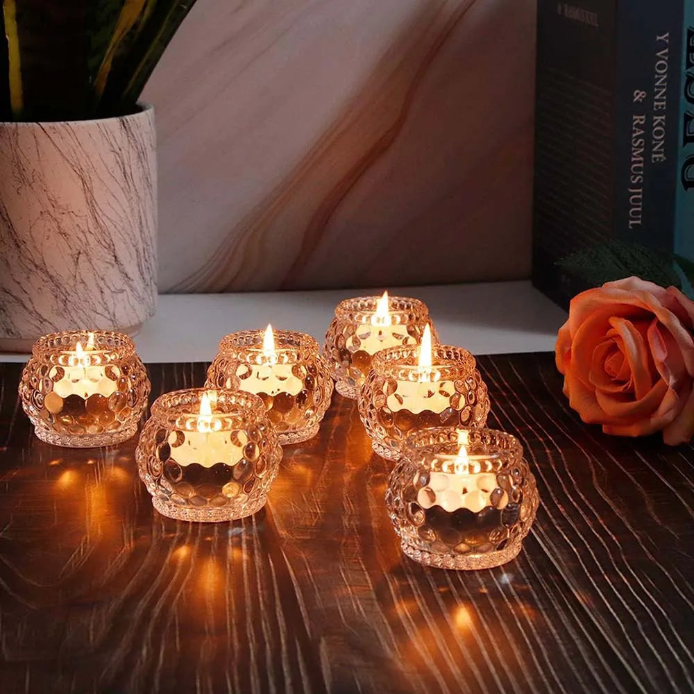 Glass Votive Tealight Candle Holders Set of 6, Round Clear Decorative Candle Holder for Table, Home Party Wedding Decor