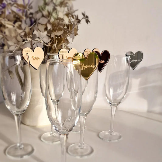 20/50/100Pcs Custom Wine Charms Wedding Table Decor Acrylic Heart Drink Topper Glass Marker Wine Tags Gold Mirror Cocktail Tag