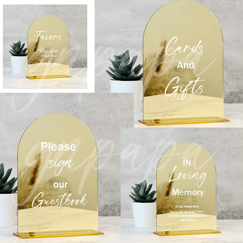 4PCS Mirror Arch Acrylic Wedding Sign Favors Sign Guest Book Sign,Loving Memory Sign,Cards & Gifts Sign wedding Sign with Stand