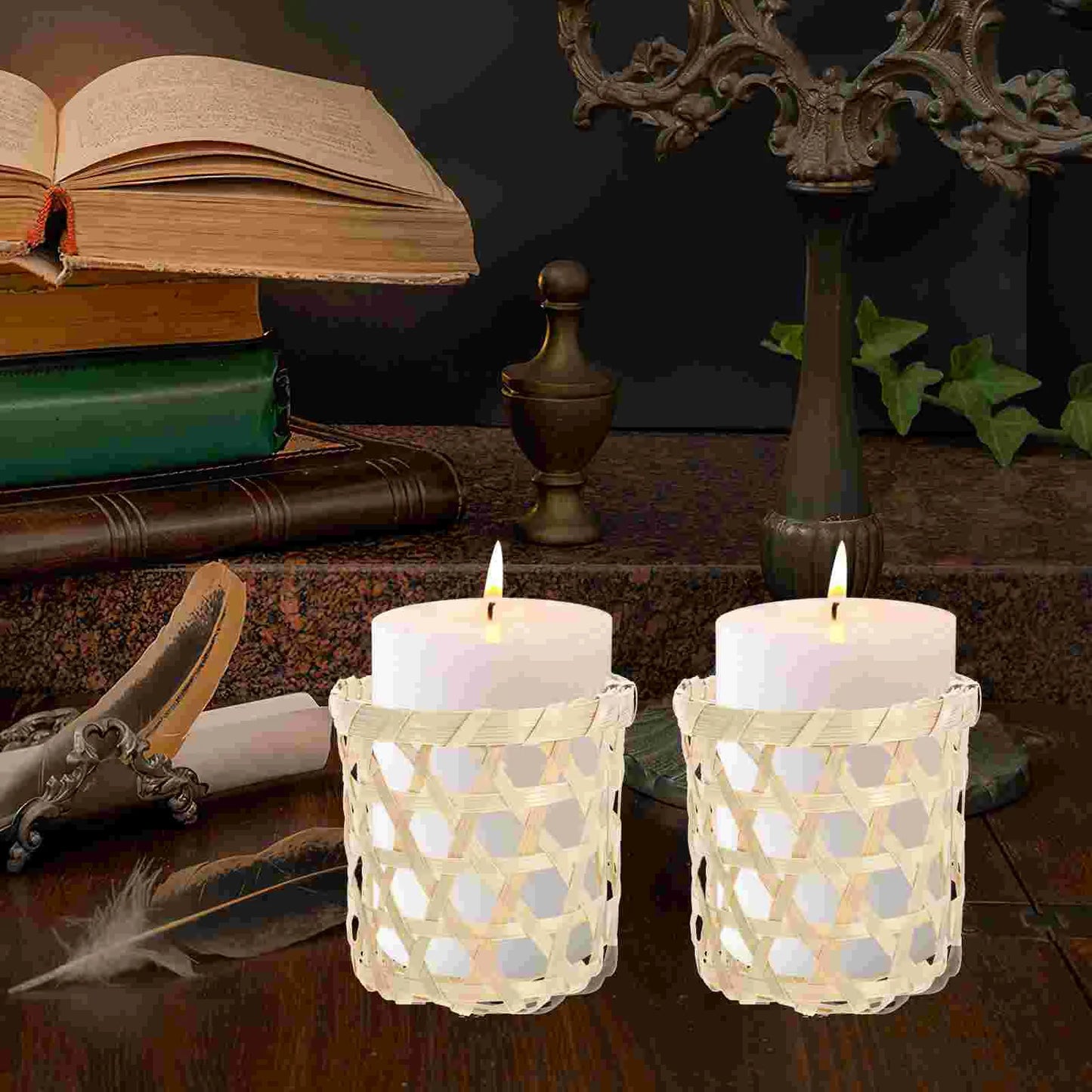 Wicker Woven Tea Light Holder Decorative Bamboo Votive Holder Rattan Glass Holders