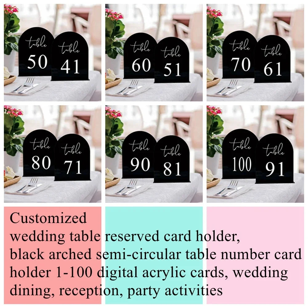 Customized wedding table reserved card holder, black arched semi-circular table number card holder 1-100 digital acrylic cards,