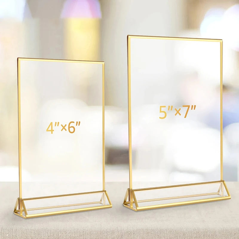 Acrylic Sign Holder Gold Frames Clear Wedding Table Number Stand Menu Recipe Cards Holders Picture Frame Photo Display Rack