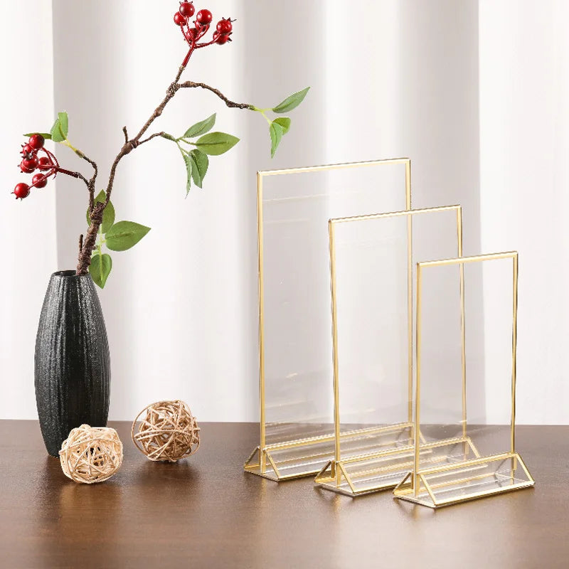 Acrylic Sign Holder Gold Frames Clear Wedding Table Number Stand Menu Recipe Cards Holders Picture Frame Photo Display Rack