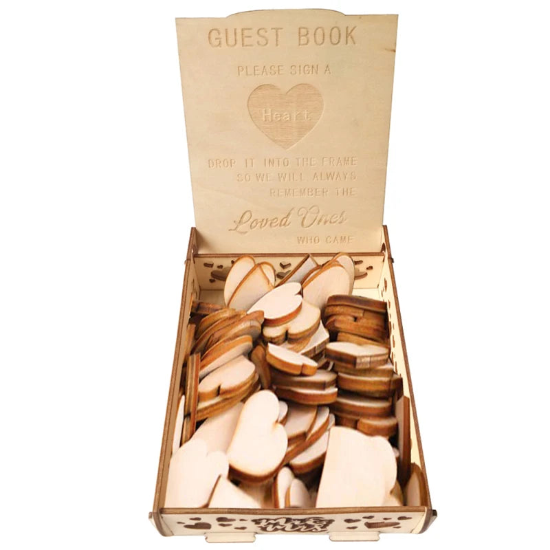 Retro Wooden Guest Book Wooden Wedding Signature Box Heart Shape Wood Pieces Storage Box Guestbook