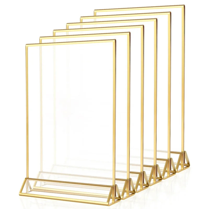 Acrylic Sign Holder Gold Frames Clear Wedding Table Number Stand Menu Recipe Cards Holders Picture Frame Photo Display Rack