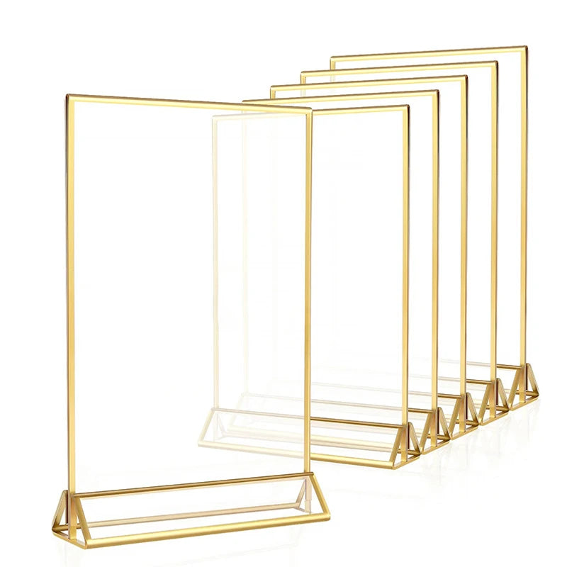 Acrylic Sign Holder Gold Frames Clear Wedding Table Number Stand Menu Recipe Cards Holders Picture Frame Photo Display Rack