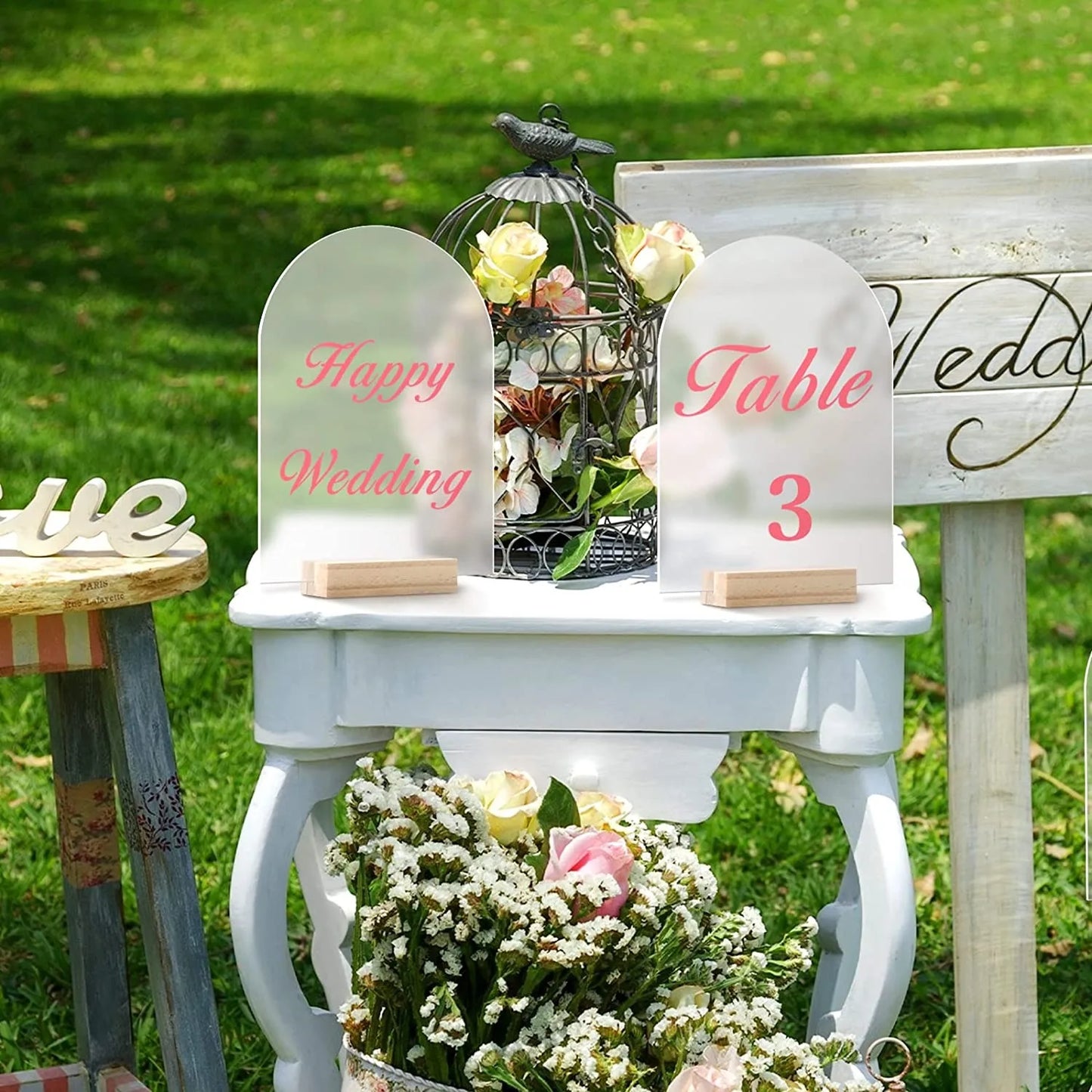 Frosted Arched Acrylic Wedding Sign with Wood Base DIY Blank Acrylic Table Numbers Cards with Stand Holder For Event & Party,Bar