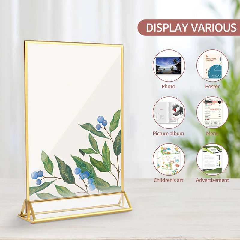 Acrylic Sign Holder Gold Frames Clear Wedding Table Number Stand Menu Recipe Cards Holders Picture Frame Photo Display Rack