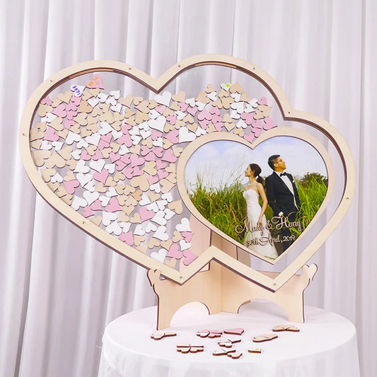 Personalized Customized Double Love Heart Photo Sign-in Frame Wedding Guestbook Drop Box Country Wedding Ideas Decor Handicraft