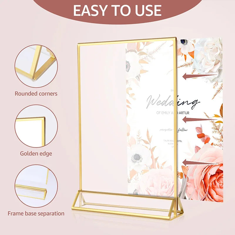 Acrylic Sign Holder Gold Frames Clear Wedding Table Number Stand Menu Recipe Cards Holders Picture Frame Photo Display Rack