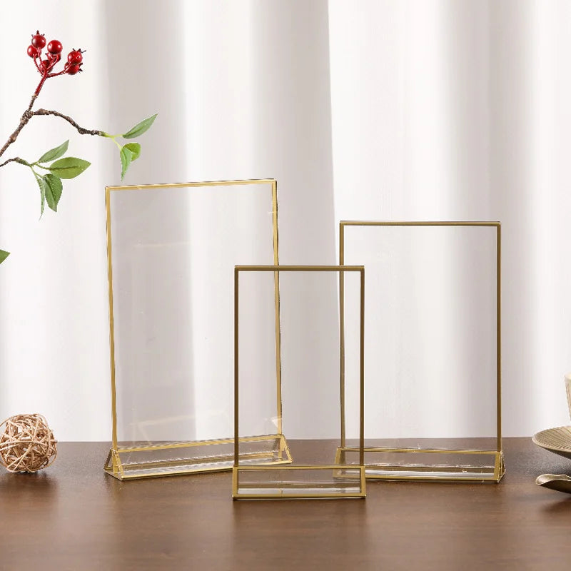 Acrylic Sign Holder Gold Frames Clear Wedding Table Number Stand Menu Recipe Cards Holders Picture Frame Photo Display Rack