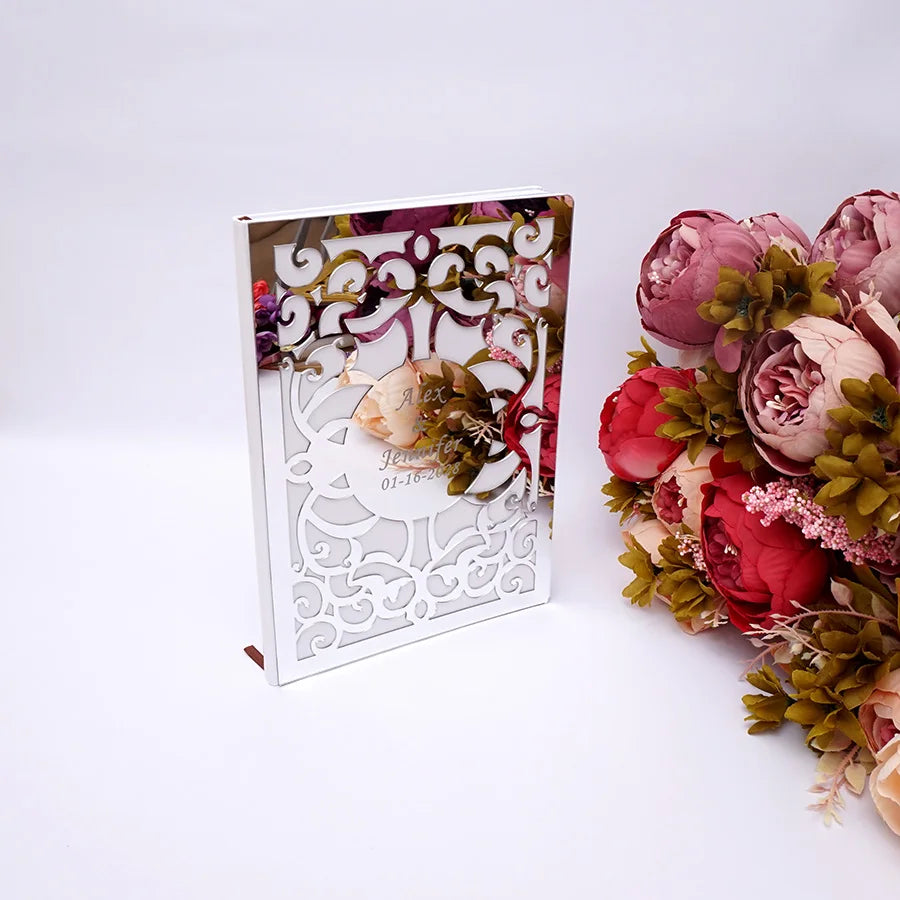 26x19cm Personalized Vertical Style Engrave Bride & Groom Name Wedding Book Acrylic Mirror Cover Hollow Out Design Guestbook