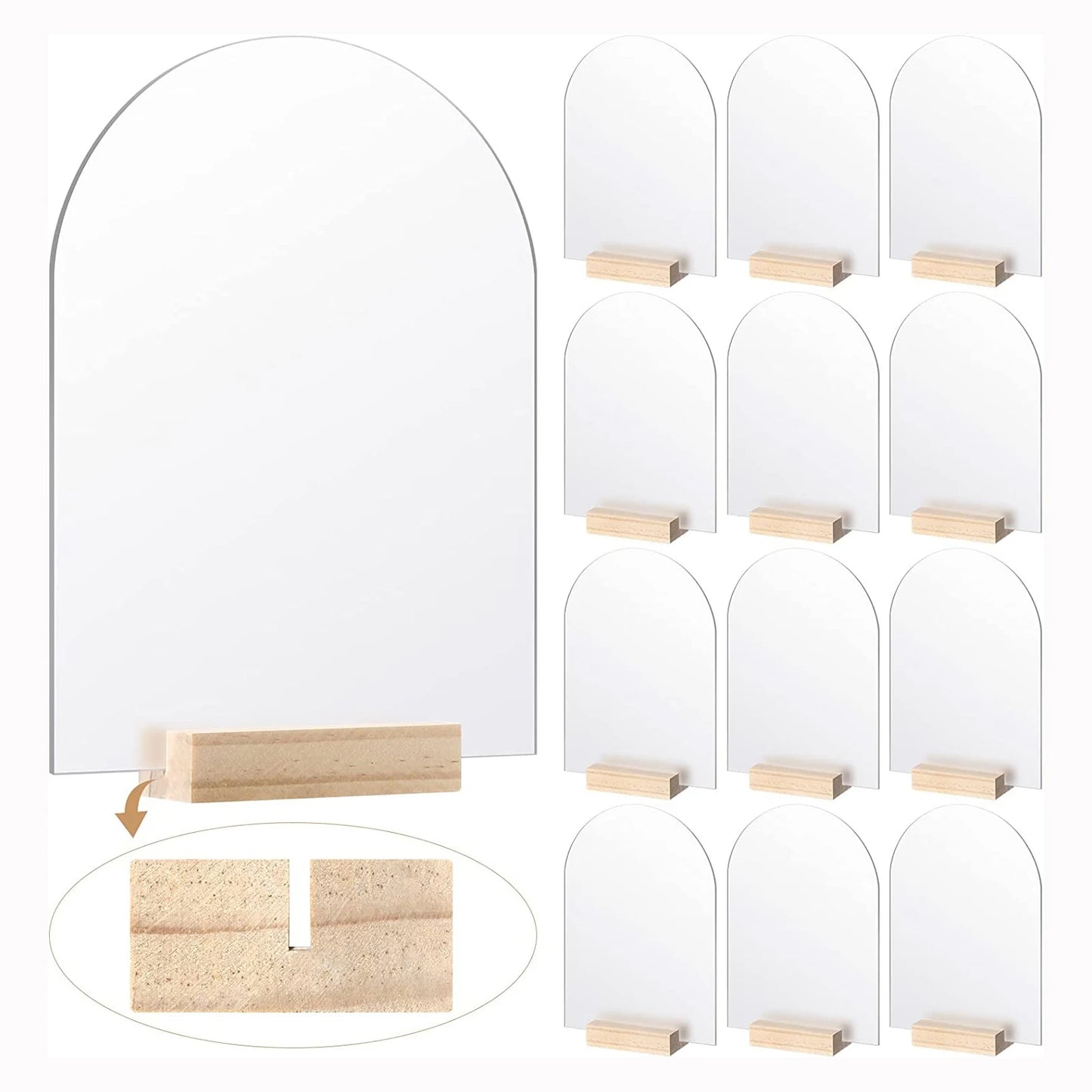 Frosted Arched Acrylic Wedding Sign with Wood Base DIY Blank Acrylic Table Numbers Cards with Stand Holder For Event & Party,Bar