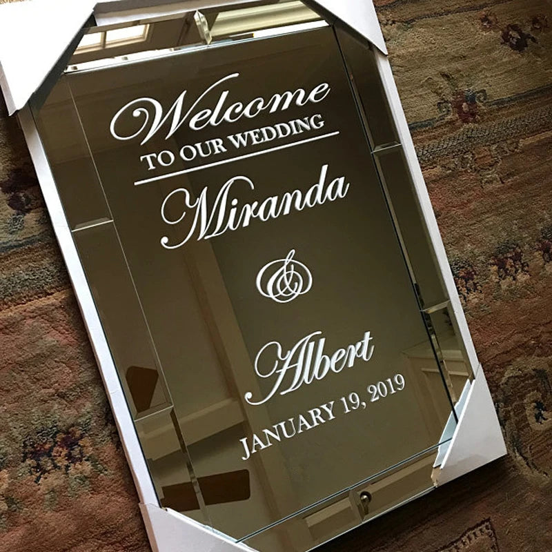 Wedding Welcome Mirror Vinyl Sticker Simple Design Personalized Names Decal Wedding Sign Mirror Decor Custom Wedding Art